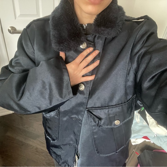 Vintage Navy Military-style Jacket with Fur Collar - Picture 4 of 7